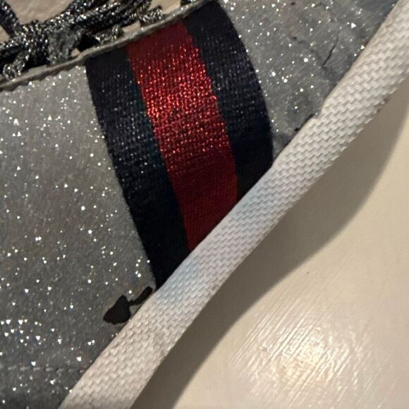 Gucci Women's 9.5 Bambi Webb Metallic Sneakers Silver Blue Red Icon Stripe Disco - Picture 12 of 16